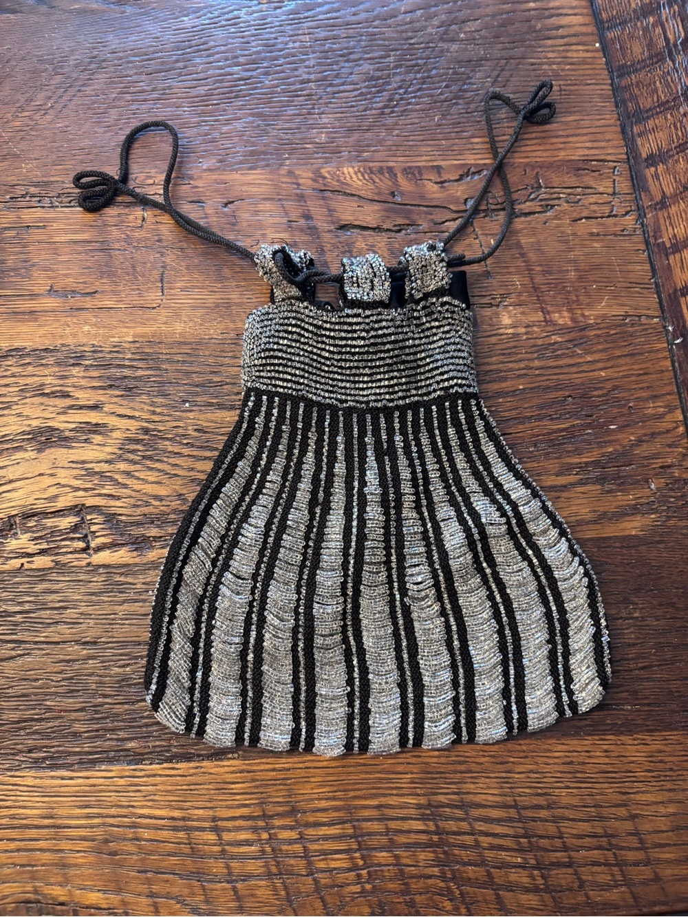 Vintage Beaded Drawstring Evening Bag - Black & Silver